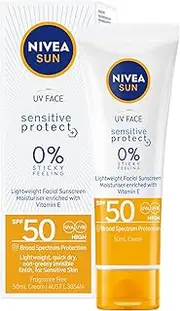 NIVEA SUN UV Face Sensitive Protect Face Sunscreen SPF 50 50ml | Enriched With Vitamin E | For Sensitive Skin | Provides Broad-Spectrum UVA/UVB Protection | Lightweight Formula