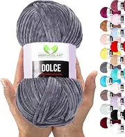 MeriWoolArt Chenille Yarn for Knitting and Crocheting Dark Grey - 100 g and 120 m Velvet Wool - 100% Fluffy Polyester Knitting Yarn for Amigurumi Cushions Blankets Soft Clothing Gifts