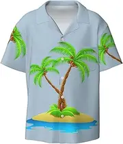[CADREWY] 3D Palm Tree Print Men's Lightweight Stylish Classic Cuban Collar Style Short Sleeve Practical Pocket