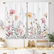 [Laifzere] Pink Flower Kitchen Curtains Watercolor Vintage Floral Wildflower Small Short Cafe Window Curtains Plant Botanical Chic Bathroom Window Drapes Treatment Tier Curtains 2 Panels (27.5x39 Inch)