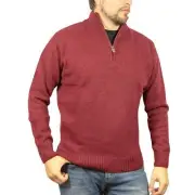 100% SHETLAND WOOL Half Zip Up Knit JUMPER Pullover Mens Sweater Knitted - Burgu