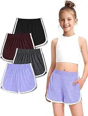 [BOOPH] 4 Packs Girls Shorts Quick Dry Kids Athletic Soccer Running Dolphin Shorts with Pockets