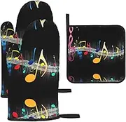 Colorful Musical Note Print Heat Resistant BBQ Gloves Oven Mitts and Pot Holders Set for Kitchen Baking Set