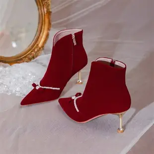 婚鞋女紅色靴子女秋冬季秀禾中式新娘加絨蝴蝶結高跟短靴細跟婚靴