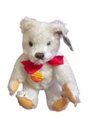 1982 Steiff 7” White Mohair Teddy Bear 0203/18 Red Ribbon All Original Tags