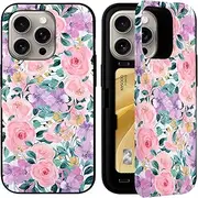 Qoosan for iPhone 15 Pro Max Case with Card Holder Wallet Kickstand Mirror Protective Slim Phone Case for iPhone 15 Pro Max 6.7 inch, Flower Watercolor