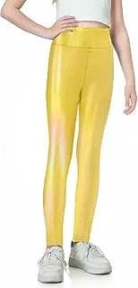 [Gnainach] Girls Metallic Leggings Shiny High Waist Youth Compression Pants Sparkly Stretch Soft Kids Running Dance Tights