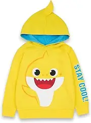 [Baby Shark] Kids Hooded Sweatshirt |Boys & Girls Stay Cool Yellow Singing Sea Creature Family 3D Fin Blue Lined Graphic Hoodie