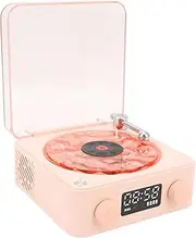Vintage Record Player Speaker Night Light, Crystal Clear Sound, Rich Bass, Retro Style Clock, Lithium Battery, Ideal Girls, 64G Memory Card (Rose)