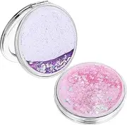 Baluue Cute Compact Mirrors, 2pcs Portable Folding Makeup Mirrors with Glitter, 2X Magnification Double Sided Pocket Mirror for Present Essentials