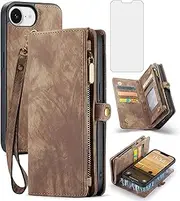 Asuwish Phone Case for iPhone 16e/SE 2025/SE 4 Zipper Wallet Cover with Tempered Glass Screen Protector and Flip Credit Card Holder Cell i Phone16e i16e 16 e SE4 4th Generation 16eCase Women Men Brown