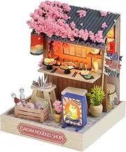 Kisoy Dollhouse Miniature with Furniture Kit, DIY 3D Wooden DIY House Kit with Dust Cover,Handmade Tiny House Toys for Teens Adults Gift (Sakura Noodles Shop)