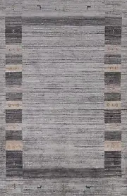 Bordered Soft and Plush Grey Gabbeh Hand-knotted Wool Rug 5x8 ft.