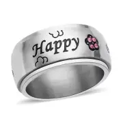 Purple Austrian Crystal & Enameled Happy Engraved Spinner Ring Stainless St SZ 8