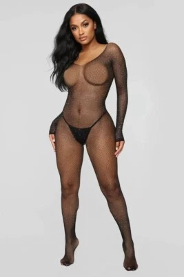Women Free size Mesh Spandex Knitted Short Black Partywear Full Body Stocking