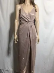Women's NWT Aidan Mattox Metallic Double V-Neck Formal Gown Pink Dress