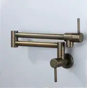 Antique Brass Pot Filler Faucet, Wall Mount, Double Joint Swing Arm, Folding Kitchen