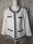 Talbots NWT Tweed Texture White Blazer w Denim Trim Fringe Edge Sz 14 New
