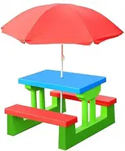 Kids Picnic Table Multi-Colour Outdoor Set with Umbrella for Children,Kids Activity Play Table with Built-in Benches for Backyard Patio, Colorful