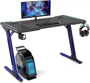 Ekkio RGB Gaming Desk Z Shape, Carbon Fiber Surface, LED Lighting, Ergonomic Design, Cable Management, Headphone and Cup Holder, for Home Office Bedroom, 140cm, Blue