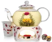 TEA GIFT SET Cherry Blossom Teapot Flowering Glass Infuser Warmer 800ML TEABLOOM