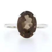 Sterling Smoky Quartz Cocktail Solitaire Ring - 925 Oval Cut 6.50ct Size 11 1/2