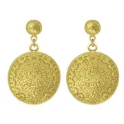24k GP Pre-Columbian Aztec Calendar 1.6" Dangle Earrings| Across The Puddle