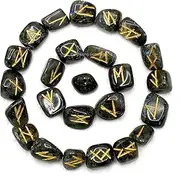 Labradorite Runes Stone Set with Velvet Pouch and Instruction EBook ~ Elder Futhark Runes Engraved Pagan Viking Symbols for Reiki Healing, Crystal Grid & Energy Balancing (Free Velvet Pouch)