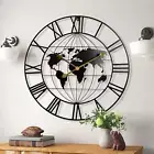 Large World Map Wall Clock,Metal Minimalist Modern Clock,Round Decorative Silent