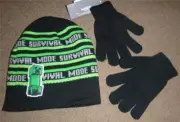 Boys MINECRAFT Creeper Winter Beanie Hat & Gloves OSFM Black Green Gray NWT