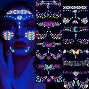 Glow in The Dark Temporary Tattoos, UV Neon Fluorescence Waterproof Tattoo Stickers Face Fake Tattoo for Adults Women Rave Festival, Black Light Neon Party Decorations, Makeup Accessory Party Supplies (Multicolor)