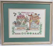 Vintage Finished Cross Stitch "Garden Bunnies" Picture Matted and Framed 16"x19"