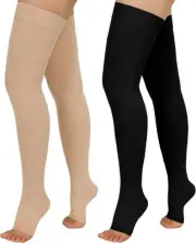 2 Pairs Compression Stockings for Women & Medium, Open Toe--black and Beige
