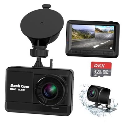 Dash Cam Front and Rear, 2.5K+1080P Dual Dash Camera for Cars with 32GB SD