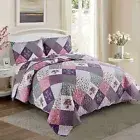Violet Floral Patchwork Bedspread Set Coverlet Queen Size Quilt Throw Bedding AU