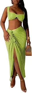 [XAOUMTB] Women's 2024 Sexy 2 Piece Outfits Dress Set Solid Color Camisole Bra Crop Top Club Party Night High Split Maxi Skirt(Green,XX-Large)