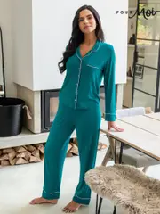 Pour Moi Green Bamboo Jersey Button Through Revere Collar Pyjamas Set (AK0983) | $113