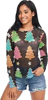 [RPLIFE] Cute Christmas Trees Cookies Black Mesh Long Sleeve, Womens Fancy Shirts S-XXL