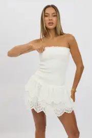 White Strapless Dress Shirred Body Mini - Size 16XL, Women's Skater Dress