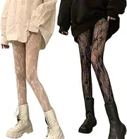 [Verdancy] 2Pcs Women’s Ultra Stretchable Pantyhose Hollow Floral Patterned Lace Stockings Fishnet Tights Plus Size