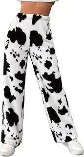 [HBER] Cow Print Fuzzy Pajamas Pants for Women Elastic High Waist Casual Fluffy Sherpa Fleece Warm Lounge Long Pants