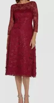 Adrianna Papell Women Red Sequin Embroidered Midi Dress Size 8