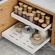2 Pack Pull Out Cabinet Organizer 52cm Deep, Expandable(32 to 52cm W) Pull Out Drawers for Cabinets Adhesive with Film, No Drill Slide Out Drawers for Kitchen Cabinets, White