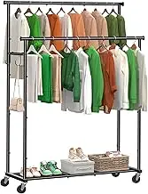 Ekisemio Double Rod Clothing Garment Rack on Wheels, 45 Inches Clothes Rack with Mesh Bottom Shelf for Hanging Clothes, Heavy Duty Metal Maximum Capacity 400 lb, Black