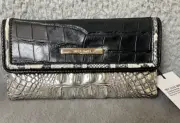 Brahmin Cordelia Wallet Chrome Azurine Gray Black Fold Over Credit Cards Leather