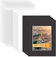 Mat Board Center, Pack of 5 Bevel Cut 12x16 Black Mat for 8.5x11 Photo with White Core Matte Set, Includes 5 Acid Free Mats, 5 Backing Board and 5 Clear Bags
