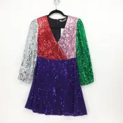 Alice + Olivia Women 0 Blaze Dress Sequin Blouson Sleeve Mini Color Block NEW
