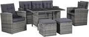 vidaXL Six-Piece Outdoor Lounge Set in Grey - Poly Rattan with Cushions - Includes Sofa, Armchairs, Table, Footstools, and Pillows for Patio, Garden, or Deck
