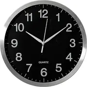 Clockswise 12-in Round Quartz Wall Clock Non-Ticking Battery Operated with Silent Sweep Movement, Aluminum Silver Frame, Perfect for Home Kitchen Office Living Room Study Hallway Classroom, Black Face