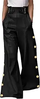 [Generic] Women's Winter Faux Pu Long Pants Loose Pleated Button High Waisted Wide Leg Trousers